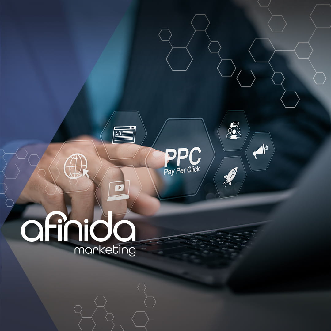 Hand interacting with digital PPC icons on a laptop, illustrating PPC management and pay-per-click advertising strategies for small business marketing.