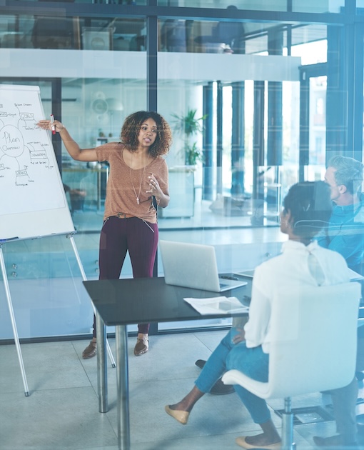 SEO strategist leading a planning session with clients at a San Diego SEO company office.